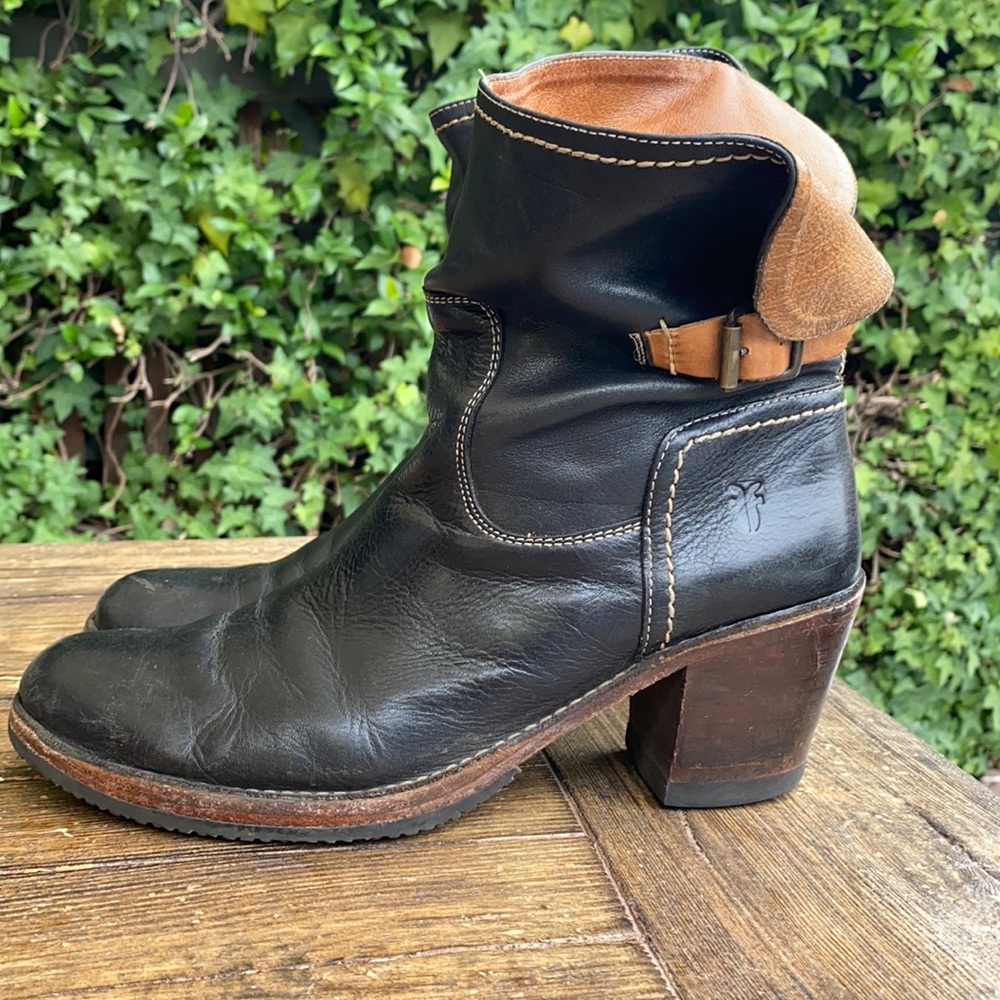 Frye western-style stacked heel ankle boots.